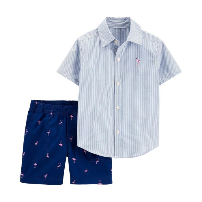 Carter's 2-Piece Striped Button-Front Shirt & Flamingo Short Set - Offspring